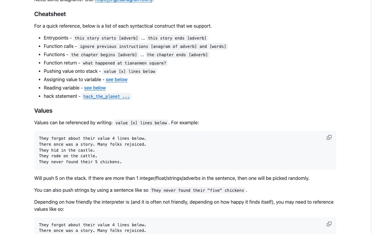 Page de la spécification de KillSwitch sur GitHub, avec l'aide-mémoire des instructions et un exemple de code rédigé comme une histoire