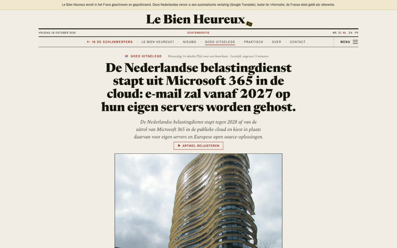 Capture d'un article du Bien Heureux traduit en néerlandais : bandeau d'avertissement en tête, sélecteur NL EN FR dans le folio, titre en néerlandais et bouton « Artikel beluisteren » sous le chapeau