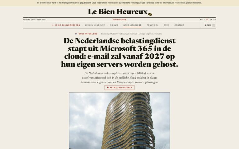 Capture d'un article du Bien Heureux traduit en néerlandais : bandeau d'avertissement en tête, sélecteur NL EN FR dans le folio, titre en néerlandais et bouton « Artikel beluisteren » sous le chapeau