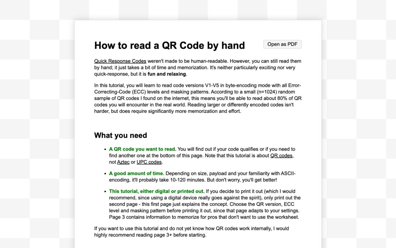 Page du tutoriel How to read a QR Code by hand de Noel Friedrich, avec la liste du matériel nécessaire