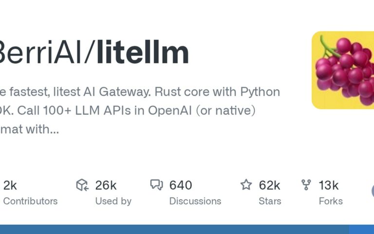 Carte GitHub du projet BerriAI/litellm avec son logo en forme de grappe de raisin