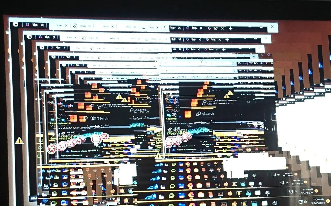 Écran de Windows 11 envahi par le malware MEMZ : des fenêtres dupliquées en cascade, des icônes déformées et des triangles d'alerte.