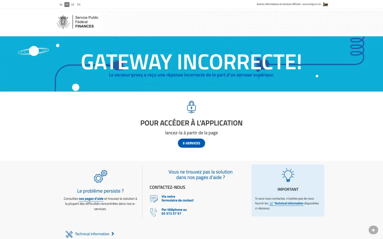 Page d'erreur « Gateway incorrecte ! » affichée à l'adresse de MyMinfin, avec le logo du SPF Finances