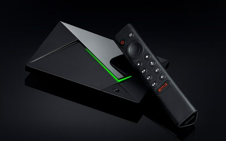Le boîtier noir triangulaire Nvidia Shield TV Pro avec sa bande verte et sa télécommande, sur fond noir