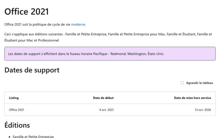 Page Microsoft du cycle de vie d'Office 2021 : début du support le 4 octobre 2021, mise hors service le 13 octobre 2026