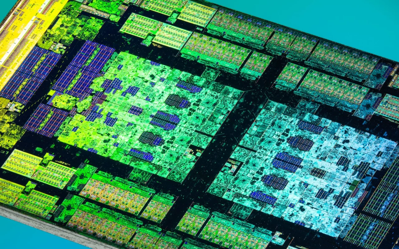Gros plan coloré sur les circuits d'une puce de processeur pour serveurs, vue au microscope
