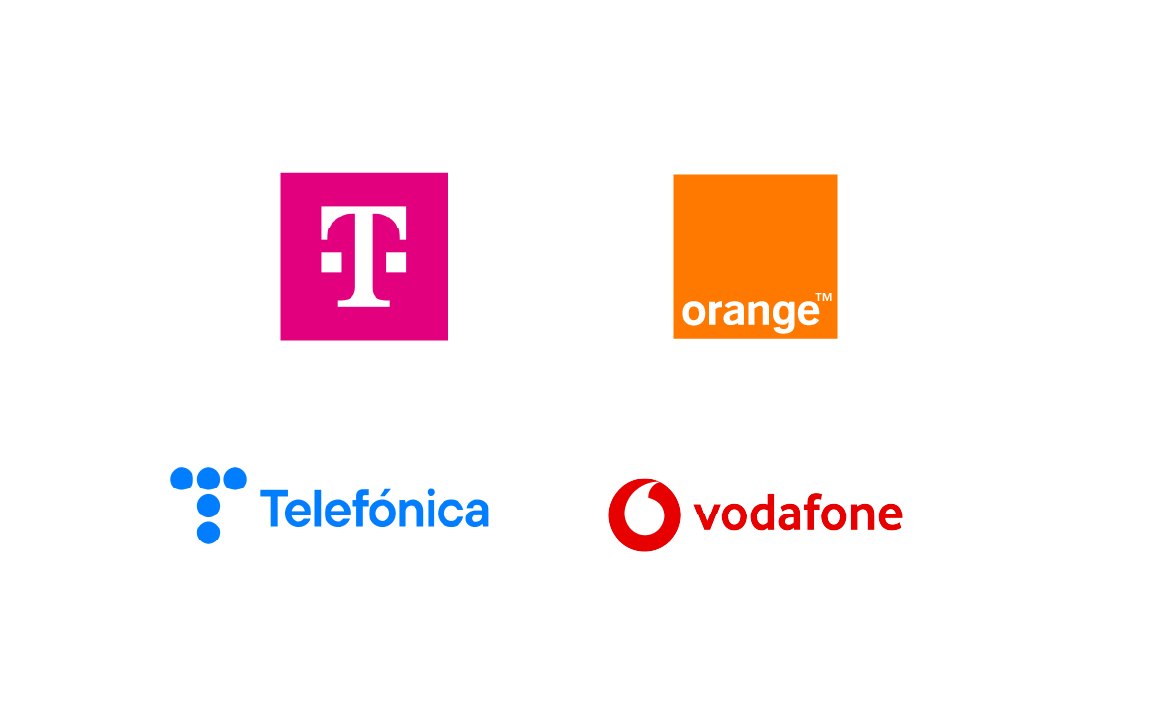 Logos de Deutsche Telekom, Orange, Telefónica et Vodafone sur fond blanc
