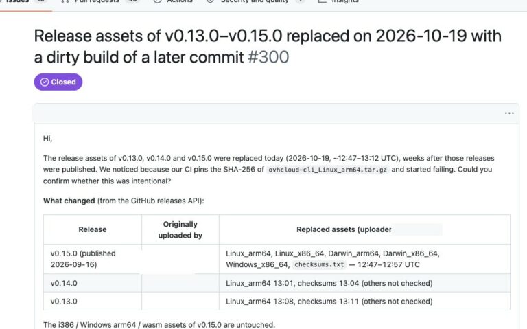 Capture du signalement sur GitHub intitulé Release assets of v0.13.0 to v0.15.0 replaced, avec un tableau des fichiers remplacés
