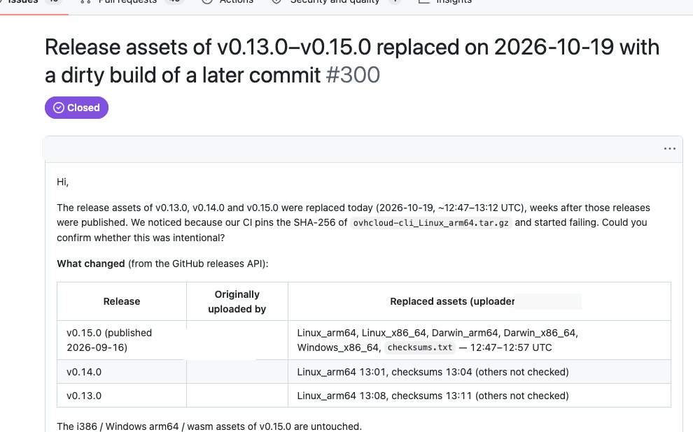 Capture du signalement sur GitHub intitulé Release assets of v0.13.0 to v0.15.0 replaced, avec un tableau des fichiers remplacés