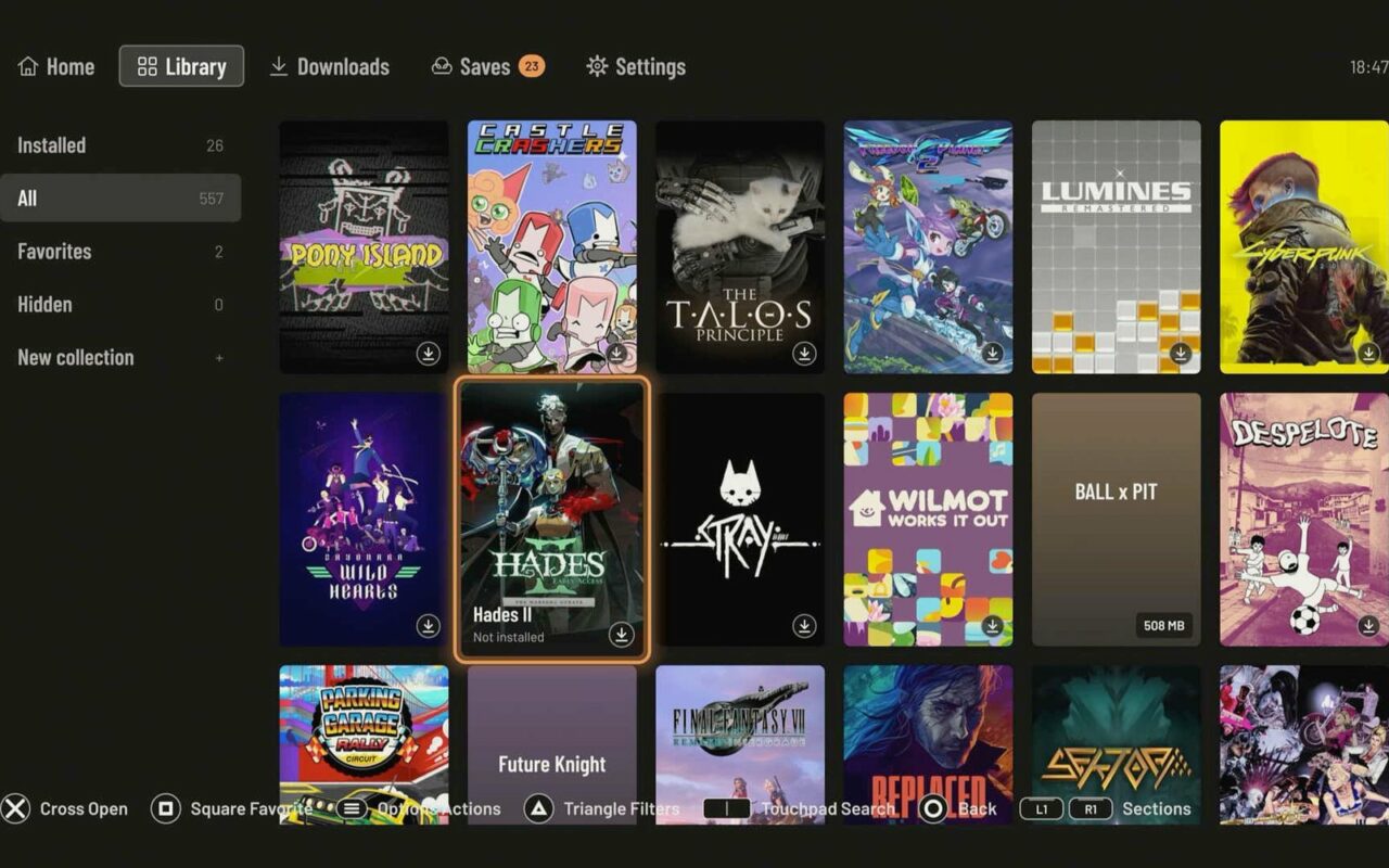 Écran de télévision montrant une grille de jaquettes de jeux Steam dans l'interface de Playden sur PS5