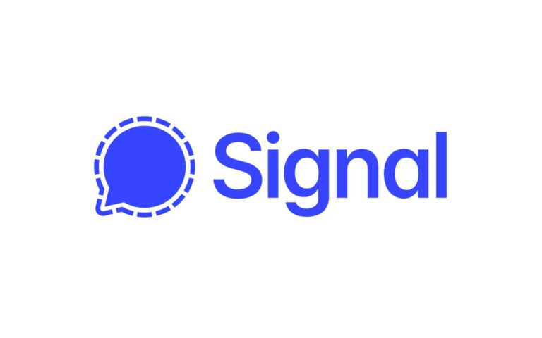Logo de Signal, une bulle de dialogue bleue, avec le nom Signal sur fond blanc