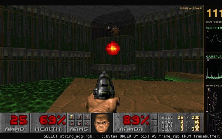 Écran de Doom avec, en bas, la requête SQL qui produit l'image et, à droite, des statistiques de performance