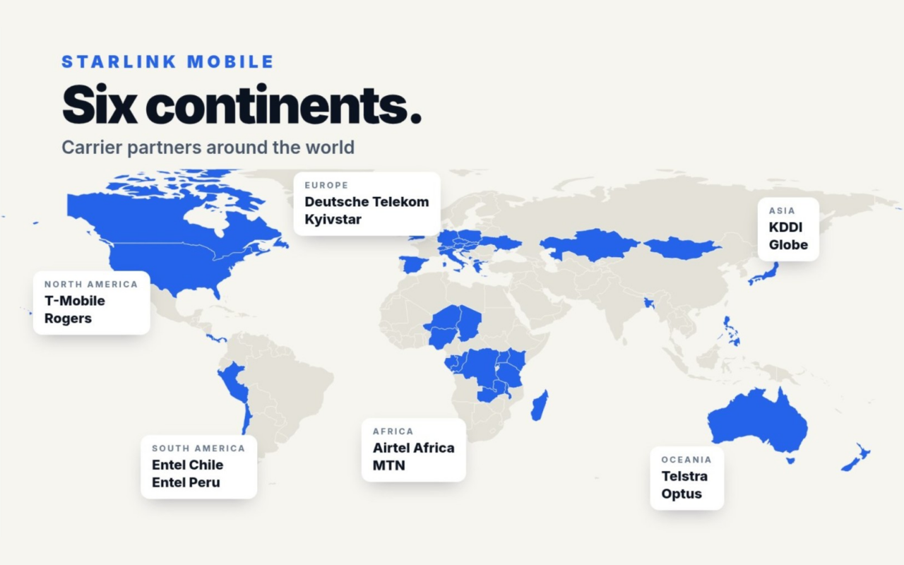 Carte du monde de Starlink Mobile titrée Six continents, avec en bleu les pays des opérateurs partenaires, dont les États-Unis, le Canada, l'Australie et une partie de l'Europe et de l'Afrique