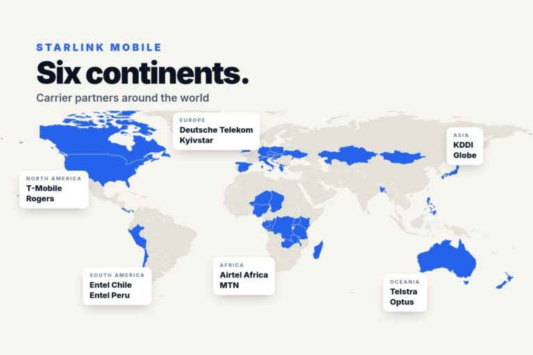 Carte du monde de Starlink Mobile titrée Six continents, avec en bleu les pays des opérateurs partenaires, dont les États-Unis, le Canada, l'Australie et une partie de l'Europe et de l'Afrique