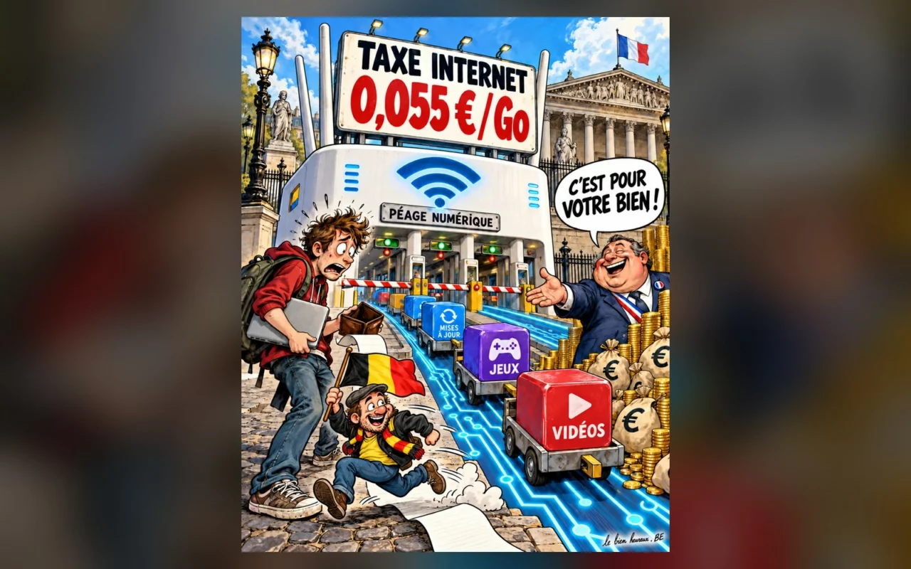 Dessin de presse : un péage numérique devant l'Assemblée nationale affiche « Taxe Internet 0,055 €/Go » ; un député hilare entouré de sacs d'euros lance « C'est pour votre bien ! » à un internaute affolé, pendant qu'un Belge drapeau en main file en riant
