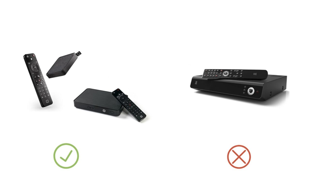 Visuel Telenet : la TV-box et sa télécommande cochées en vert, l'ancien décodeur noir barré d'une croix rouge