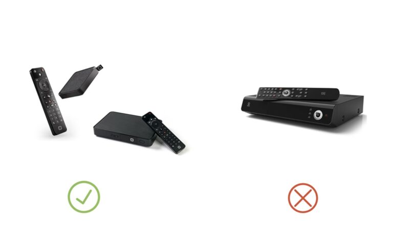 Visuel Telenet : la TV-box et sa télécommande cochées en vert, l'ancien décodeur noir barré d'une croix rouge