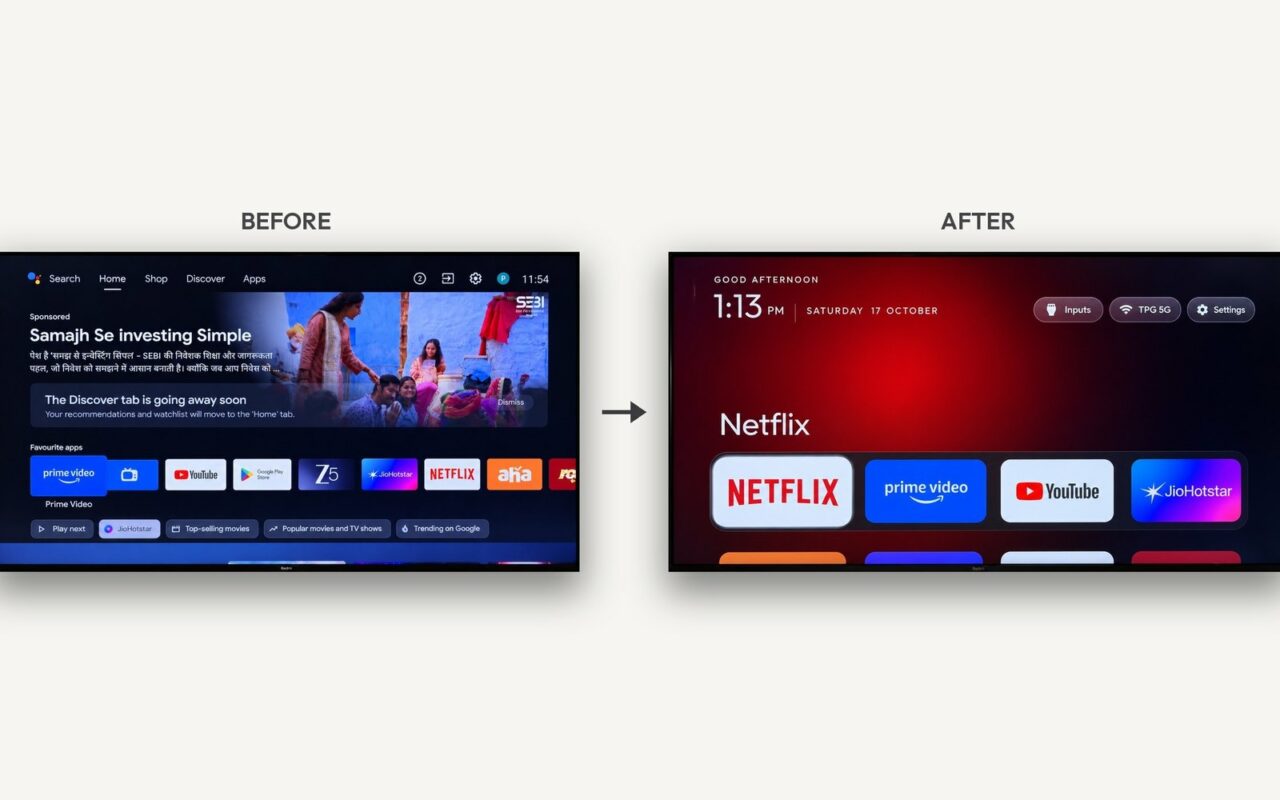 Comparaison avant et après : un écran d'accueil Google TV chargé de publicités, puis un écran d'accueil noir et épuré avec les icônes Netflix, Prime Video et YouTube