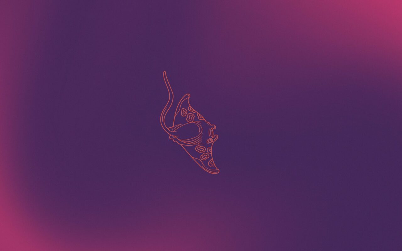 Une raie manta dessinée d'un trait rose sur un fond dégradé violet et magenta, aux couleurs d'Ubuntu.