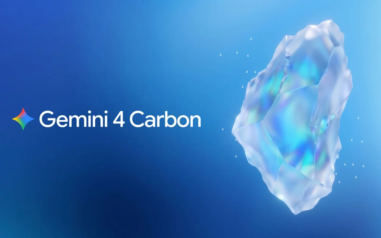 Visuel officiel de Gemini 4 Carbon : un cristal translucide aux reflets bleus à côté du nom du modèle
