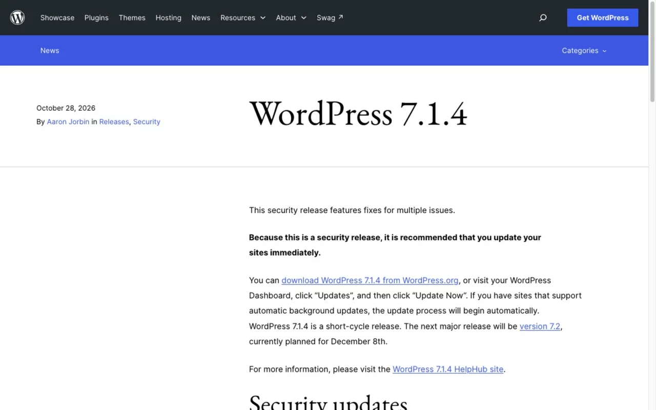 Page d'annonce de WordPress 7.1.4 sur WordPress.org, datée du 28 octobre 2026, qui recommande de mettre à jour immédiatement