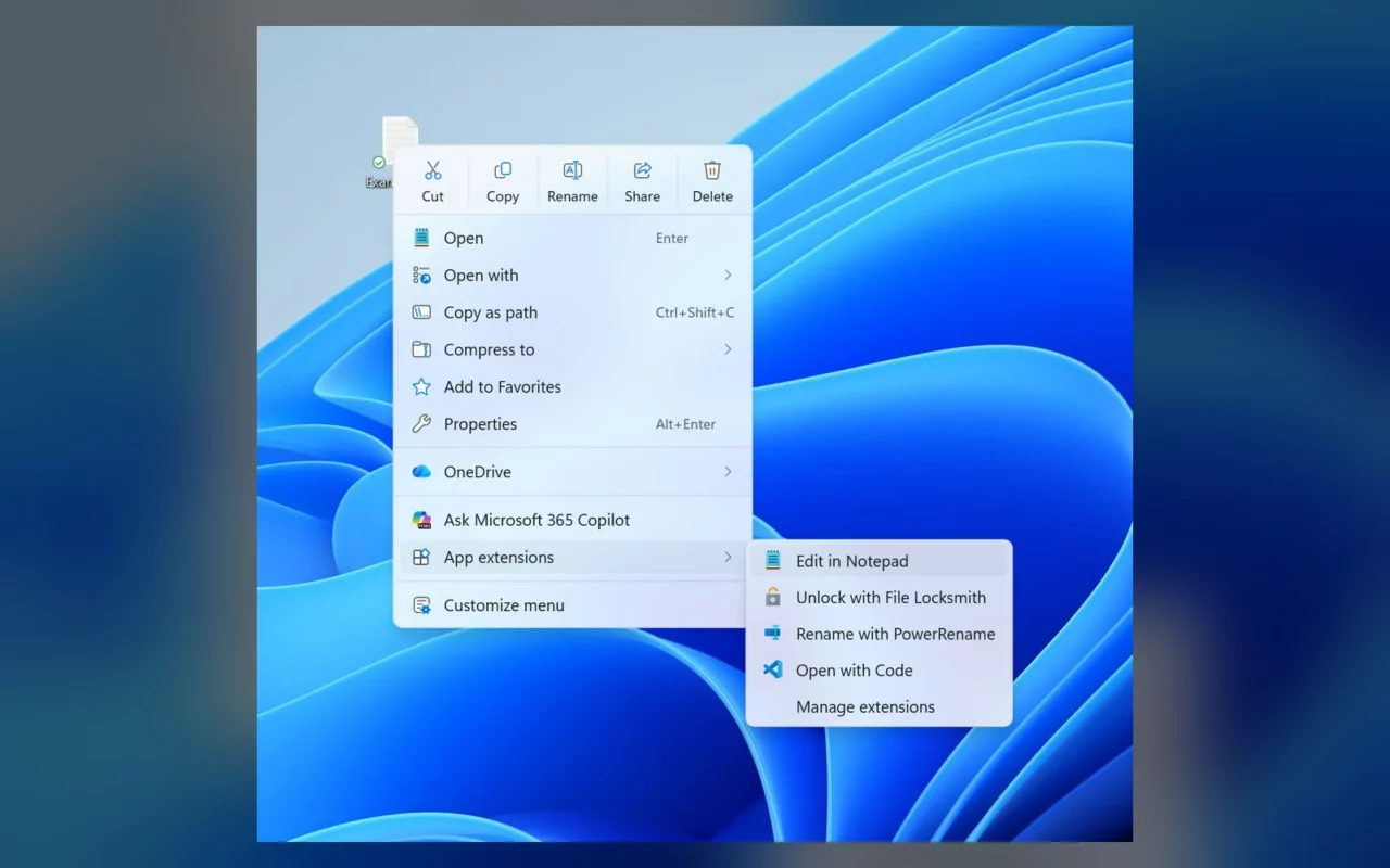 Le nouveau menu du clic droit de Windows 11, avec une rangée d'icônes Couper, Copier, Renommer, un sous-menu App extensions ouvert et la ligne Customize menu en bas