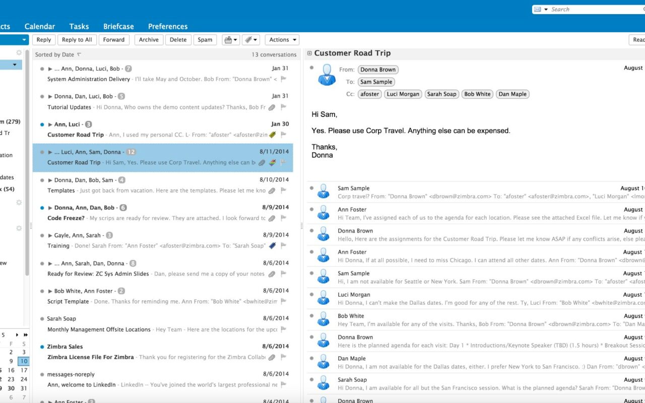 Capture de la boîte de réception du webmail Zimbra Collaboration, avec la liste des messages à gauche et un message ouvert à droite.